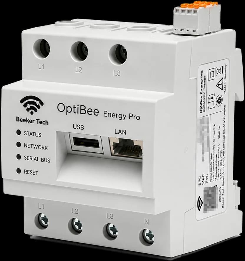 OptiBee Energy Pro three-phase energy manager on a DIN rail
