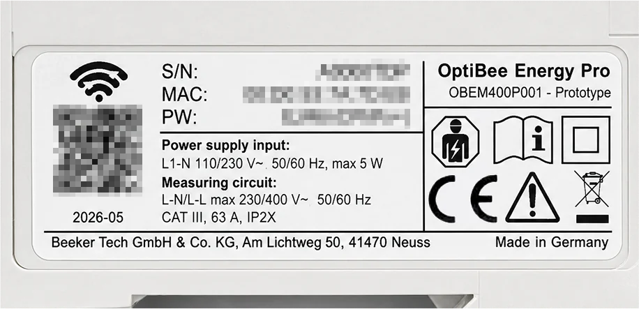 Close-up of the OptiBee Energy Pro nameplate, showing Made in Germany, the CE marking, CAT III 63 A and the manufacturer address